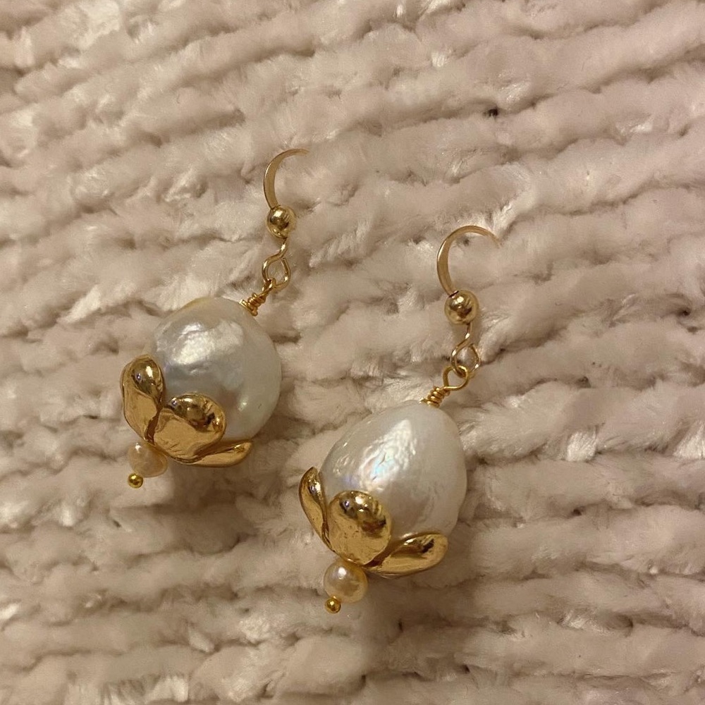 Handcrafted Pearl and Gold Acorn Earrings